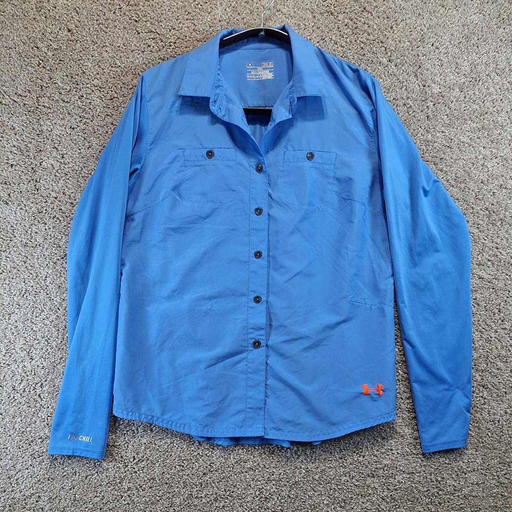 Under Armour Shirt Women Medium Blue Iso-Chill HeatGear Loose Button Up Preppy
